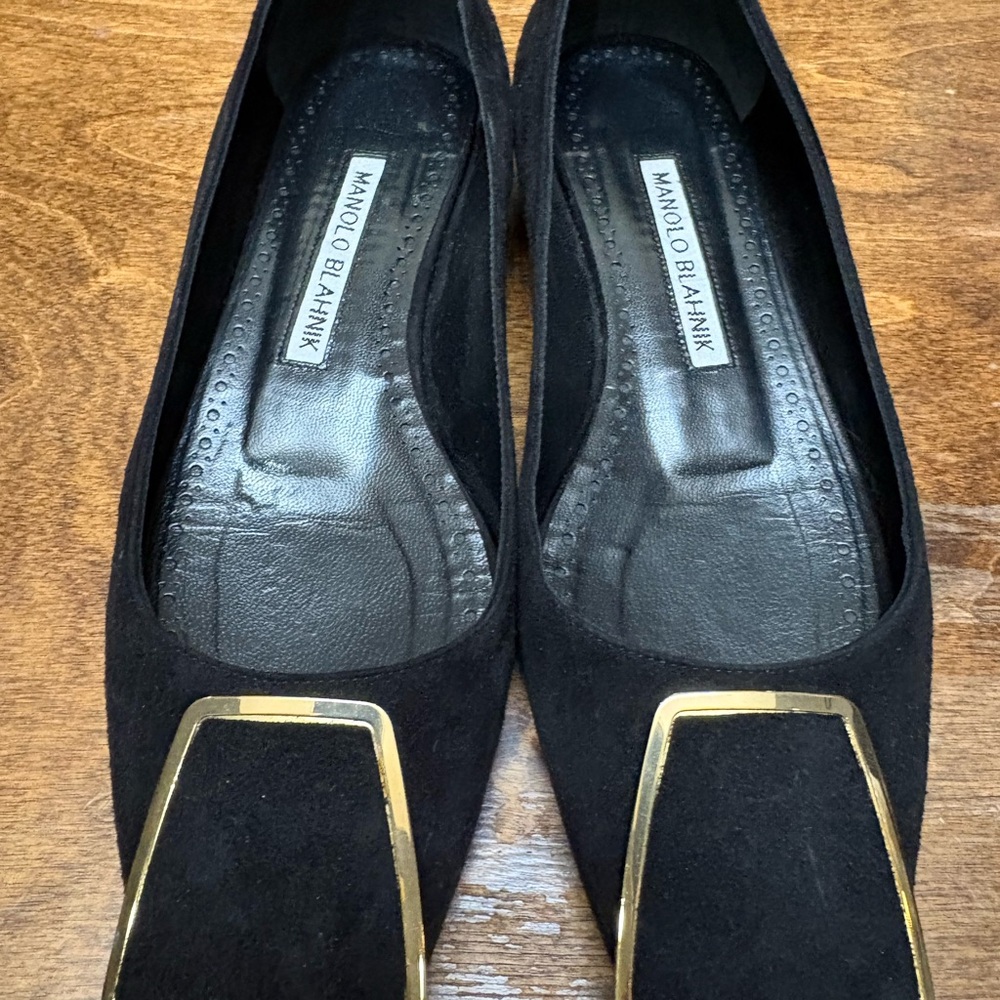 Manolo Blahnik Black Loafers with Gold Detail